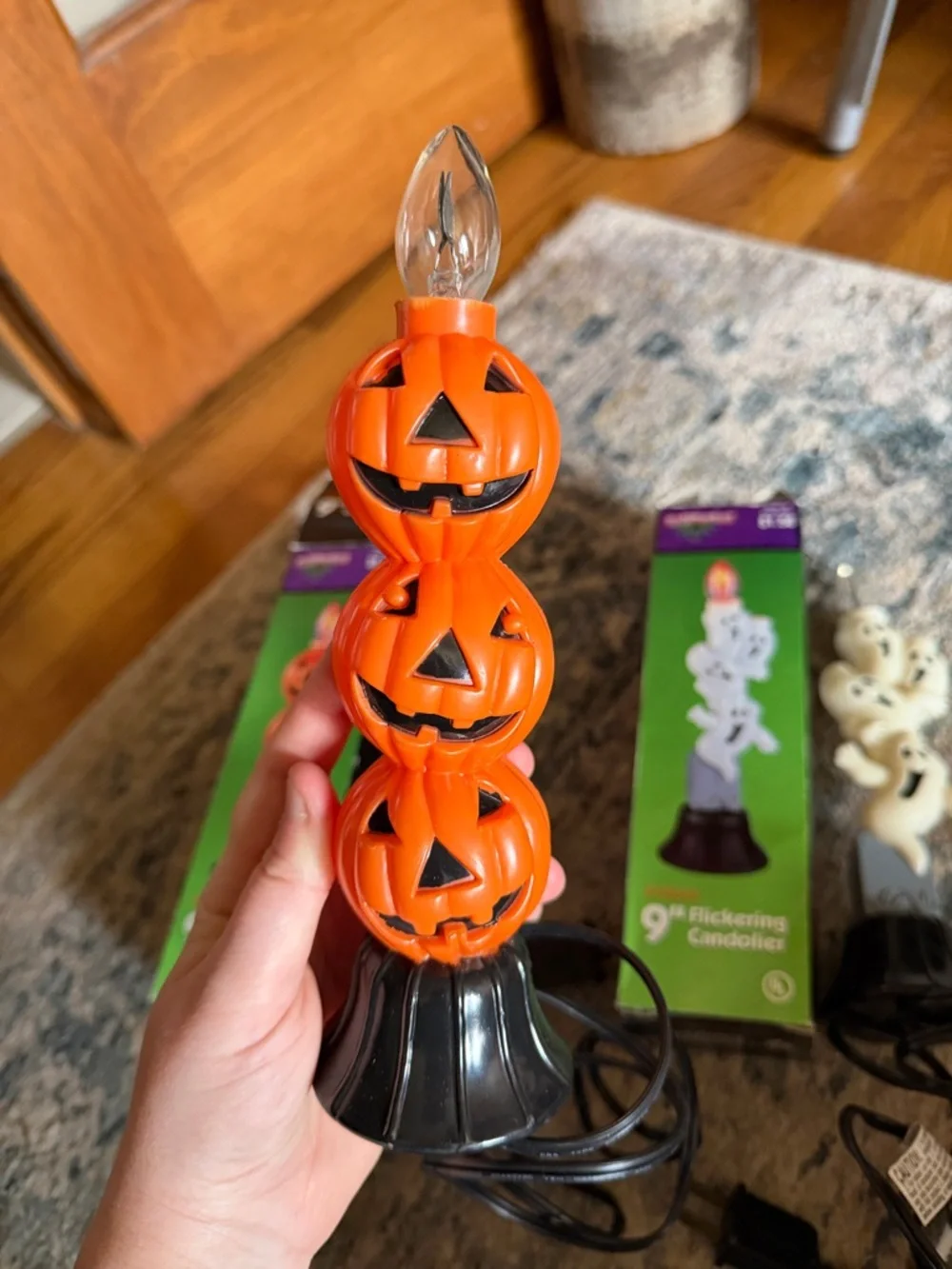 2 Vtg Blow Mold Electric Halloween Candlesticks Pumpkins & Ghosts